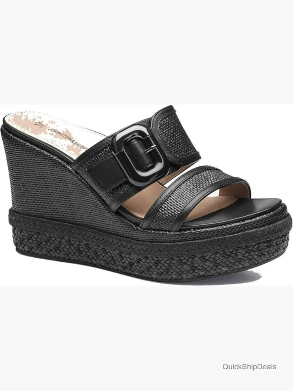 Nappa Leather Raffia Wedge Sandals with Buckle Strap